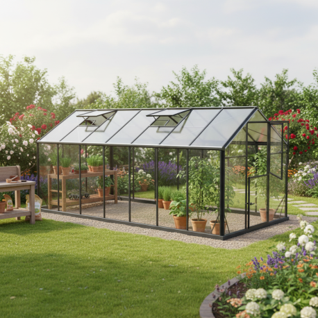Serra da giardino Hybrid 11m² antracite in vetro temperato e policarbonato Sanus UP! L11 - Gampre