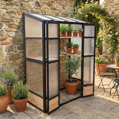 Serra da balcone in legno e policarbonato da 3 mm con ripiani e tetto apribile - Arbour